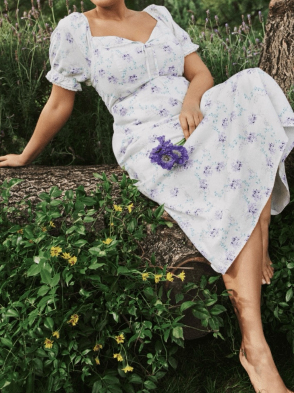 White Floral Midi Dress with Puff Sleeves